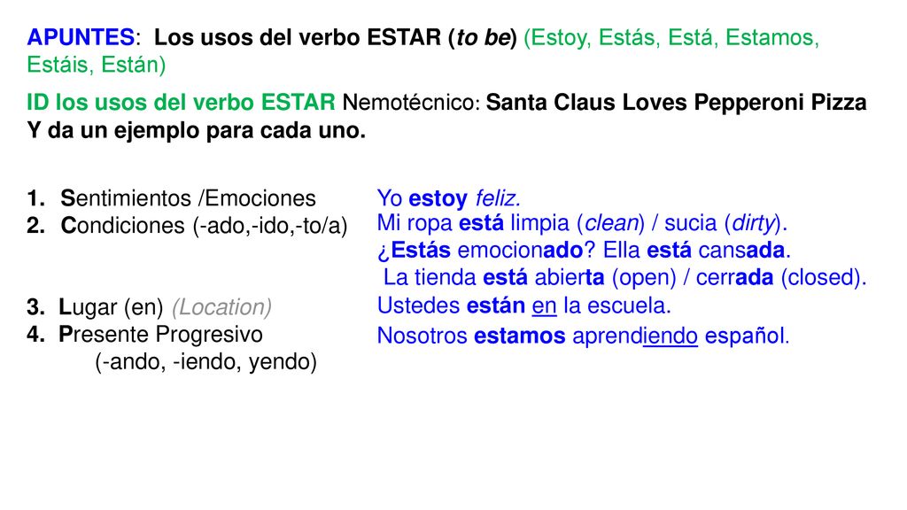 APUNTES: Los usos del verbo ESTAR (to be) (Estoy, Estás, Está, Estamos, Estáis, Están)