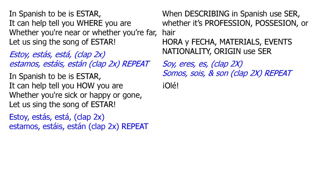 In Spanish to be is ESTAR, It can help tell you WHERE you are Whether you re near or whether you’re far, Let us sing the song of ESTAR!