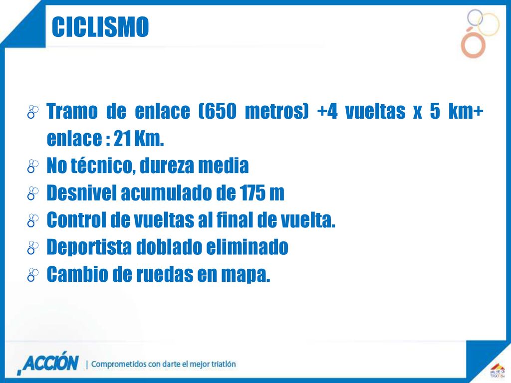 ciclismo Tramo de enlace (650 metros) +4 vueltas x 5 km+ enlace : 21 Km. No técnico, dureza media.