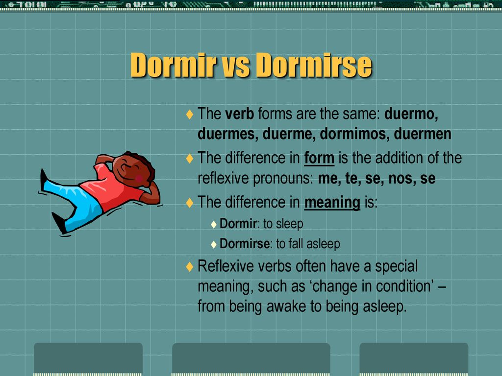 Dormir vs Dormirse The verb forms are the same: duermo, duermes, duerme, dormimos, duermen.