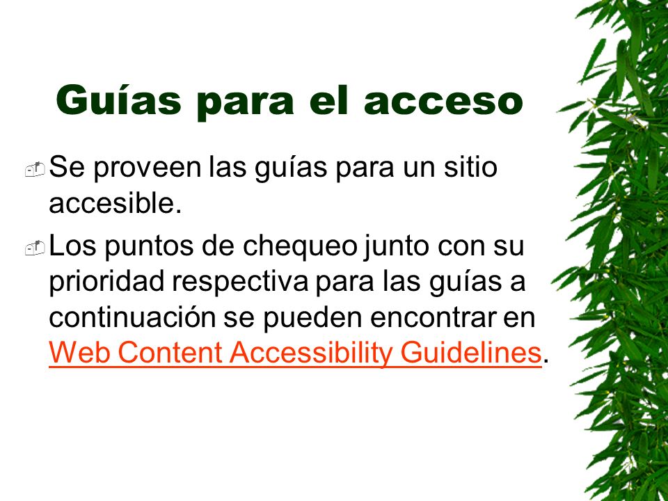Guías para el acceso Se proveen las guías para un sitio accesible.