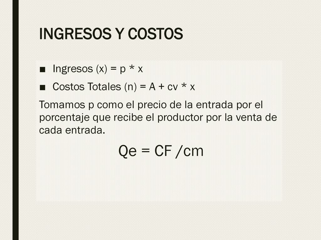 INGRESOS Y COSTOS Qe = CF /cm Ingresos (x) = p * x