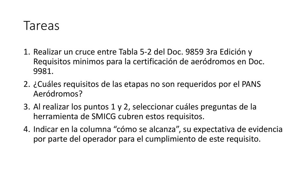 Tareas Realizar un cruce entre Tabla 5-2 del Doc ra Edición y Requisitos minimos para la certificación de aeródromos en Doc