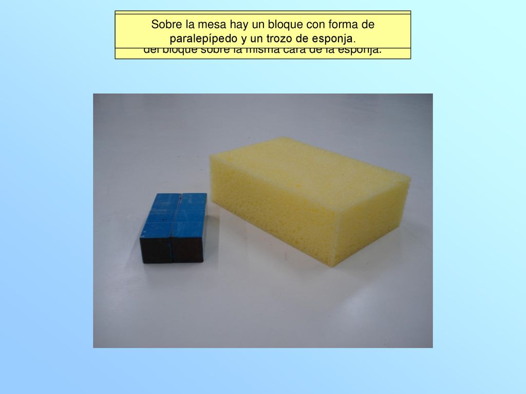 Sobre la mesa hay un bloque con forma de paralepípedo y un trozo de esponja.