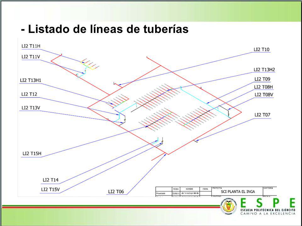 - Listado de líneas de tuberías