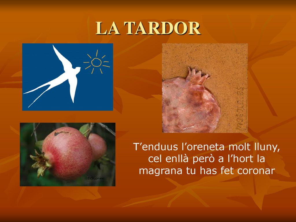LA TARDOR T’enduus l’oreneta molt lluny, cel enllà però a l’hort la magrana tu has fet coronar