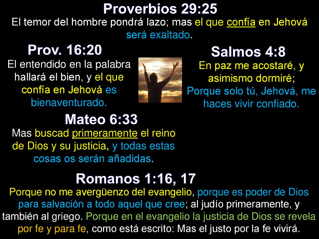 Proverbios 29:25 Prov. 16:20 Salmos 4:8 Mateo 6:33 Romanos 1:16, 17