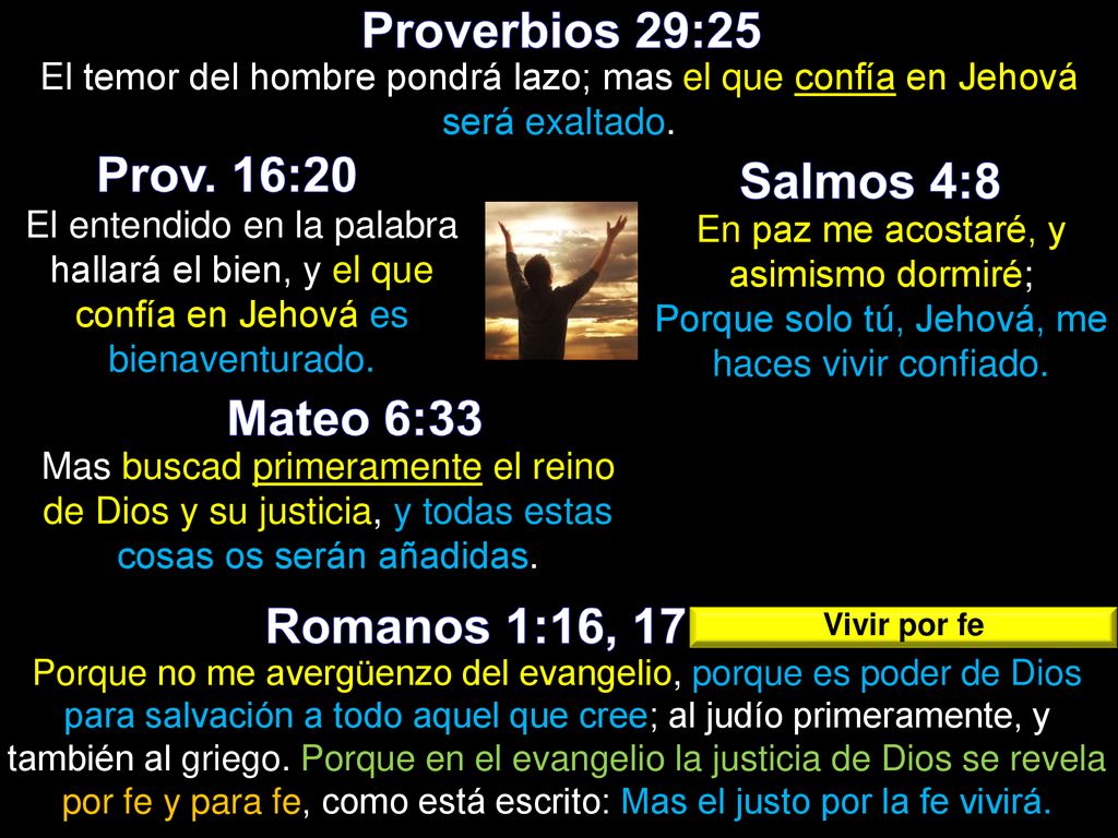 Proverbios 29:25 Prov. 16:20 Salmos 4:8 Mateo 6:33 Romanos 1:16, 17