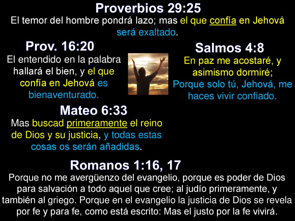 Proverbios 29:25 Prov. 16:20 Salmos 4:8 Mateo 6:33 Romanos 1:16, 17