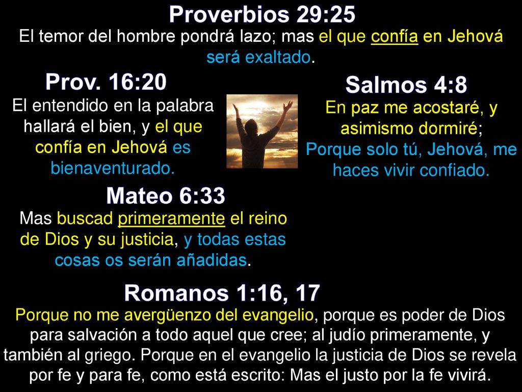 Proverbios 29:25 Prov. 16:20 Salmos 4:8 Mateo 6:33 Romanos 1:16, 17