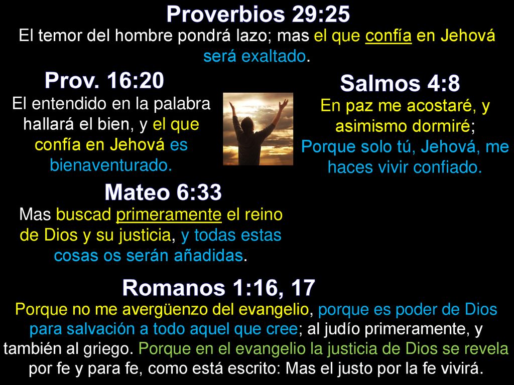 Proverbios 29:25 Prov. 16:20 Salmos 4:8 Mateo 6:33 Romanos 1:16, 17
