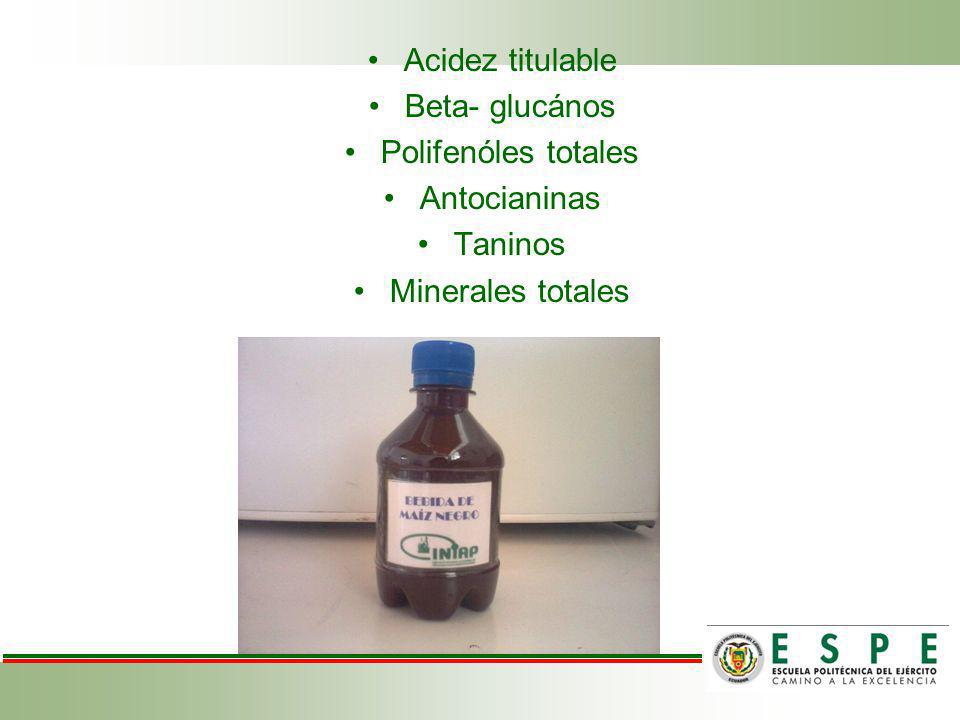 Acidez titulable Beta- glucános Polifenóles totales Antocianinas Taninos Minerales totales
