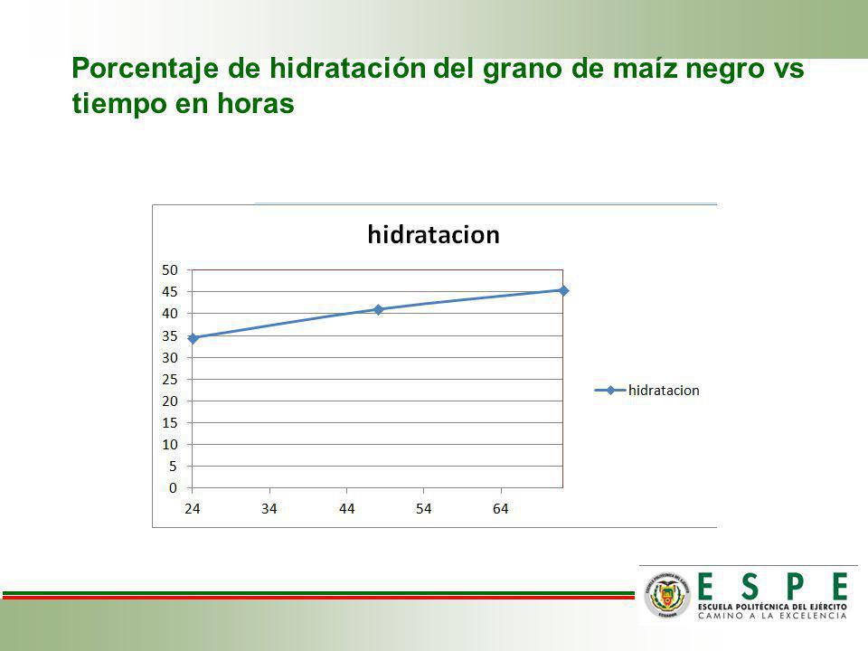 Porcentaje de hidratación del grano de maíz negro vs tiempo en horas