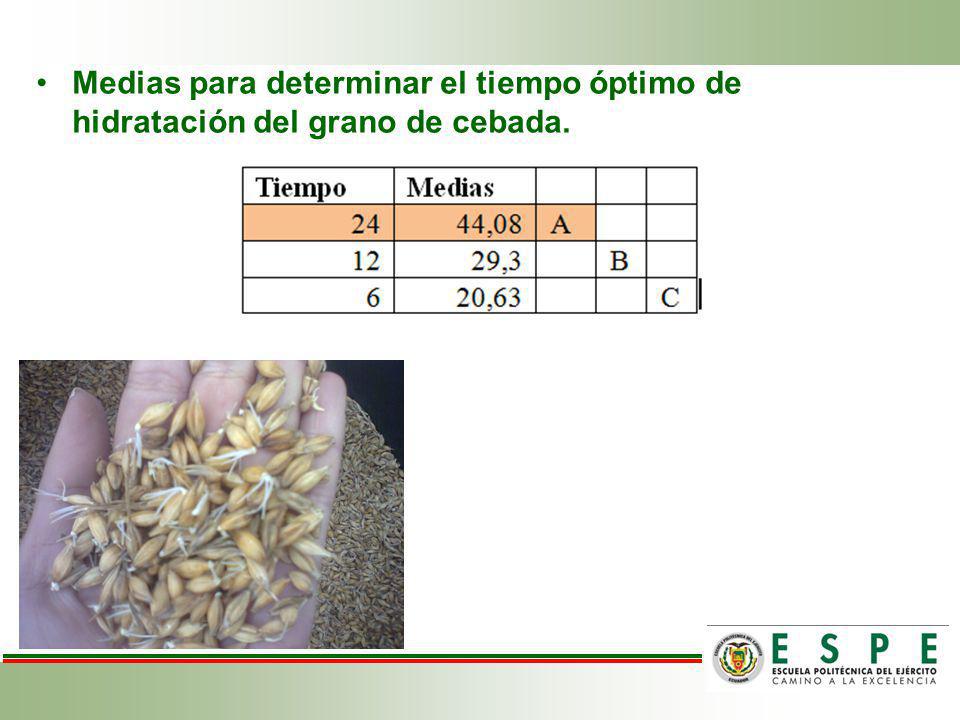 Medias para determinar el tiempo óptimo de hidratación del grano de cebada.
