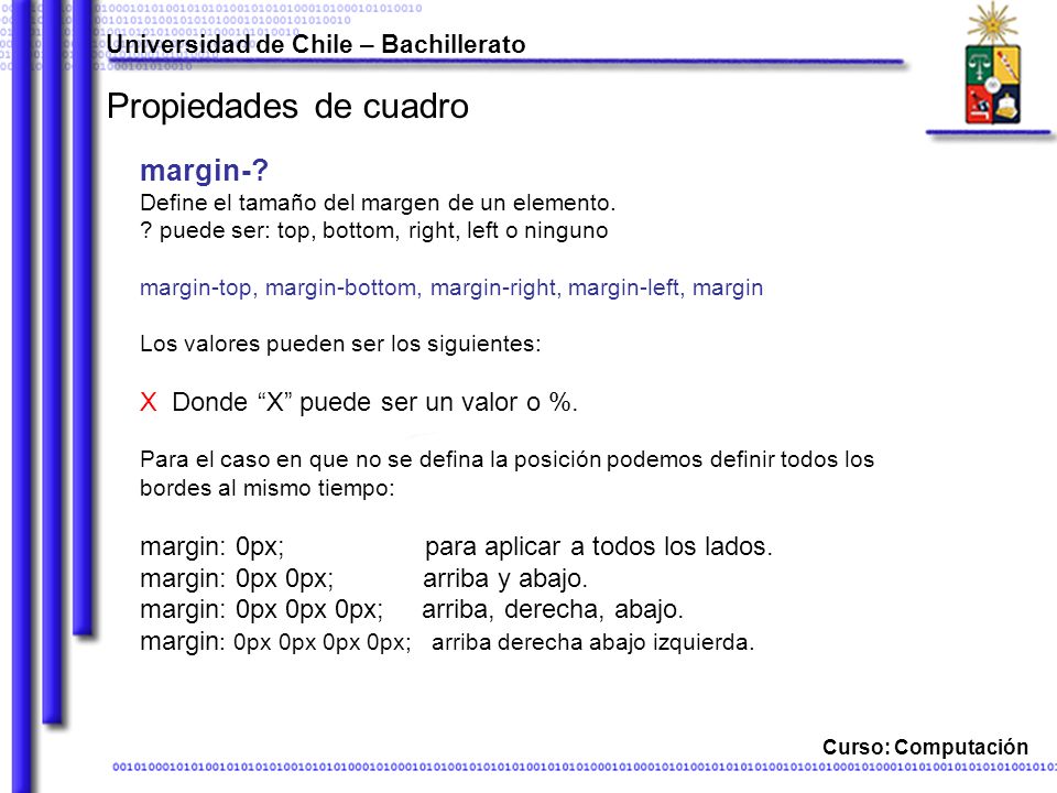 Propiedades de cuadro margin- X Donde X puede ser un valor o %.
