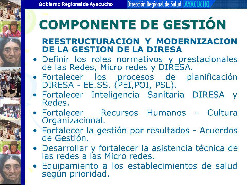 COMPONENTE DE GESTIÓN REESTRUCTURACION Y MODERNIZACION DE LA GESTION DE LA DIRESA.