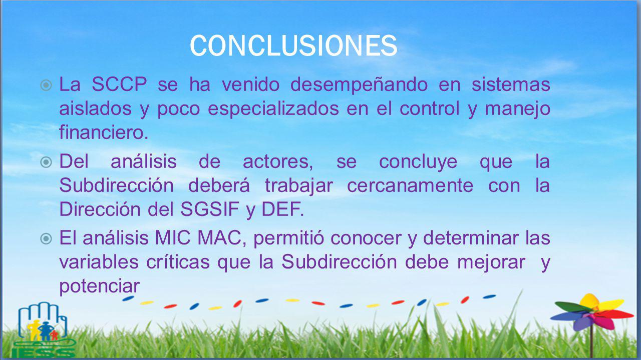 CONCLUSIONES La SCCP se ha venido desempeñando en sistemas aislados y poco especializados en el control y manejo financiero.