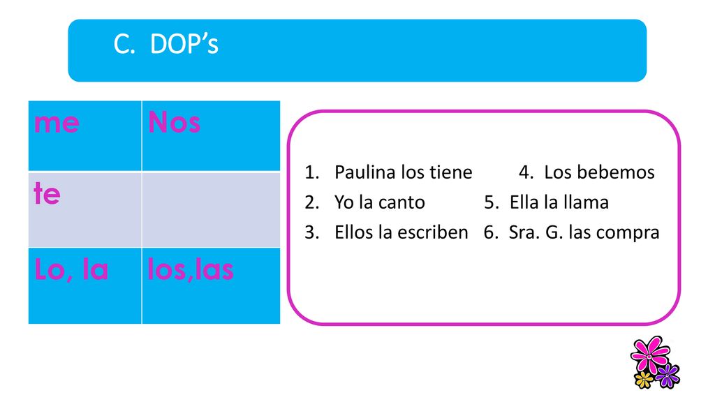 C. DOP’s me Nos te Lo, la los,las Paulina los tiene 4. Los bebemos