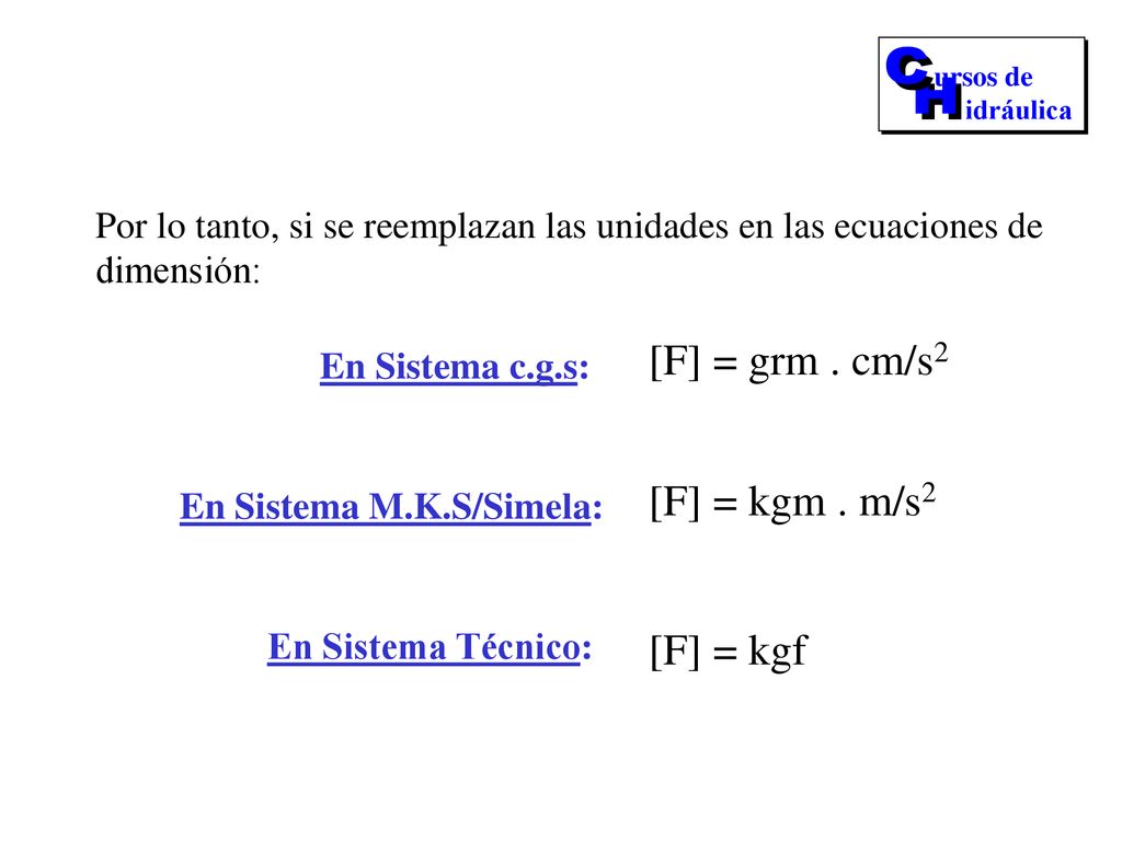 C H [F] = grm . cm/s2 [F] = kgm . m/s2 [F] = kgf