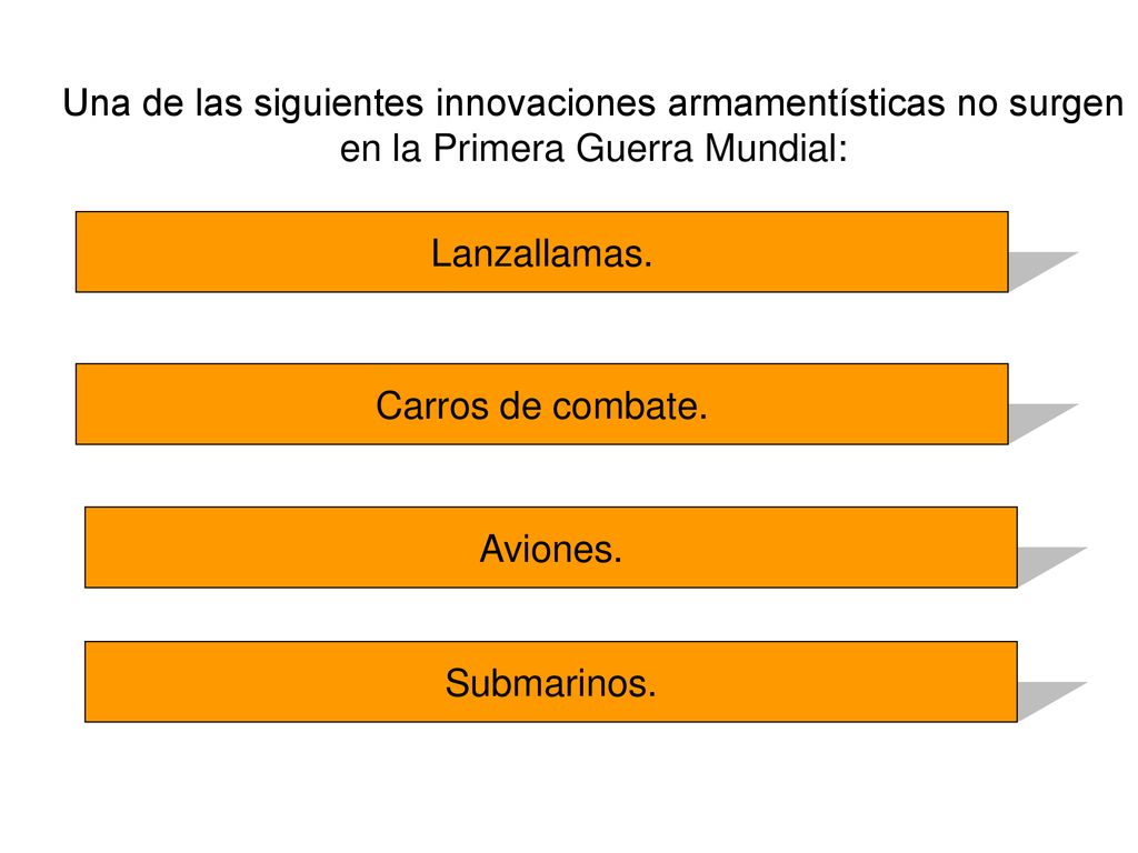 Una de las siguientes innovaciones armamentísticas no surgen en la Primera Guerra Mundial: