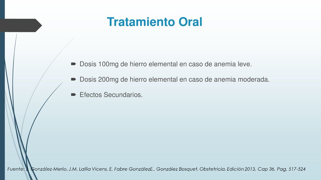 Tratamiento Oral Dosis 100mg de hierro elemental en caso de anemia leve. Dosis 200mg de hierro elemental en caso de anemia moderada.