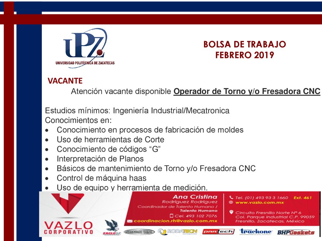 Atención vacante disponible Operador de Torno y/o Fresadora CNC