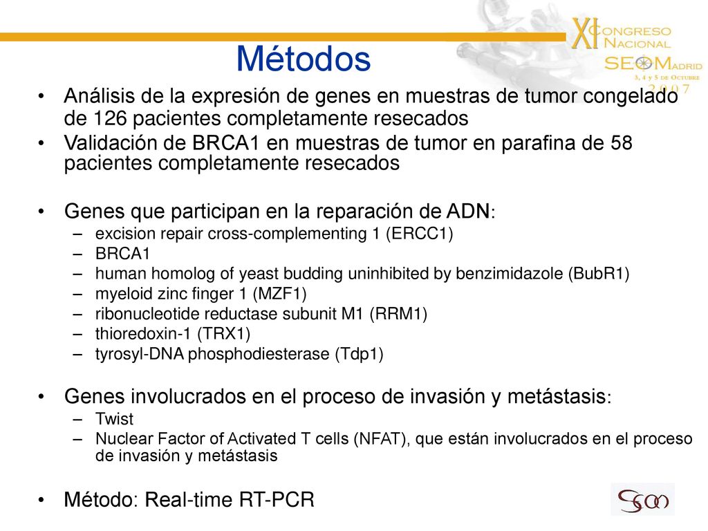 Métodos Análisis de la expresión de genes en muestras de tumor congelado de 126 pacientes completamente resecados.