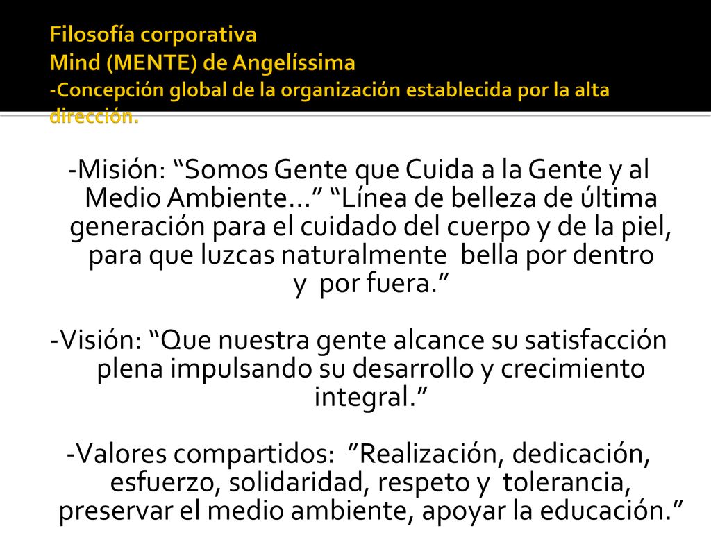 Filosofía corporativa Mind (MENTE) de Angelíssima -Concepción global de la organización establecida por la alta dirección.