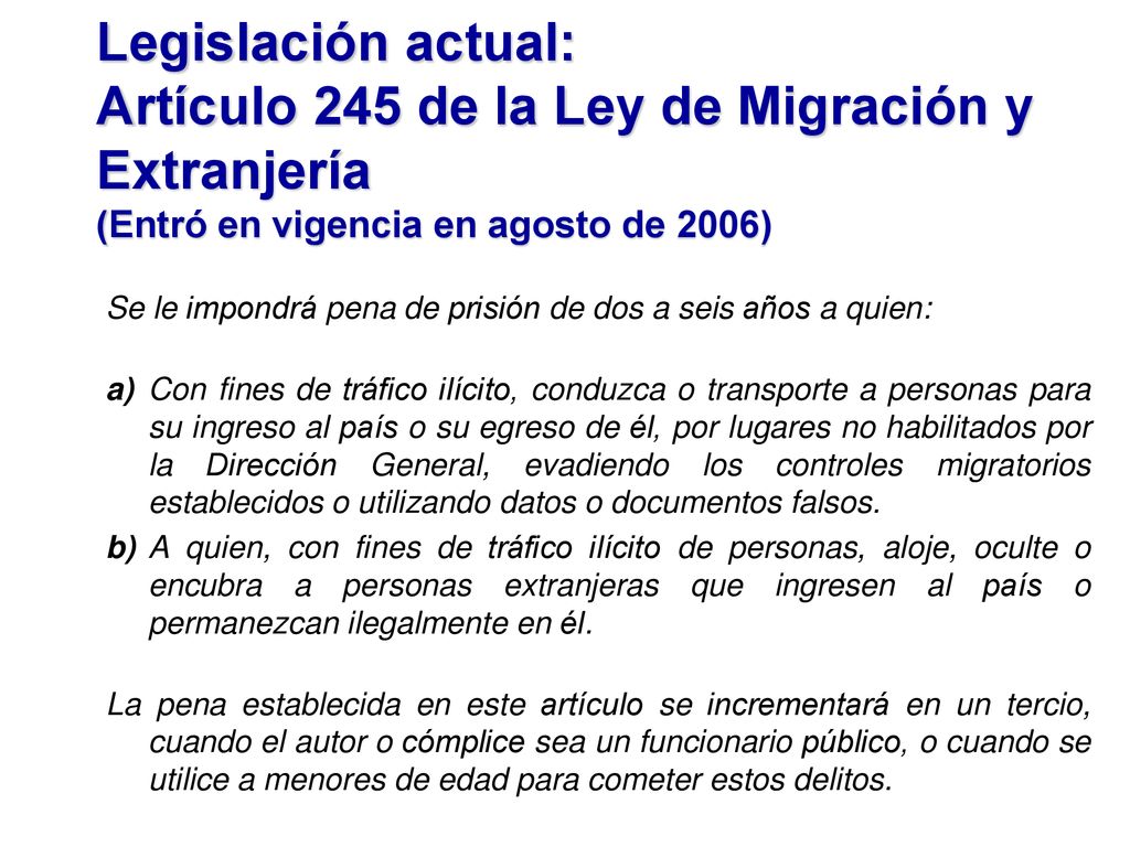Legislación actual: Artículo 245 de la Ley de Migración y Extranjería (Entró en vigencia en agosto de 2006)