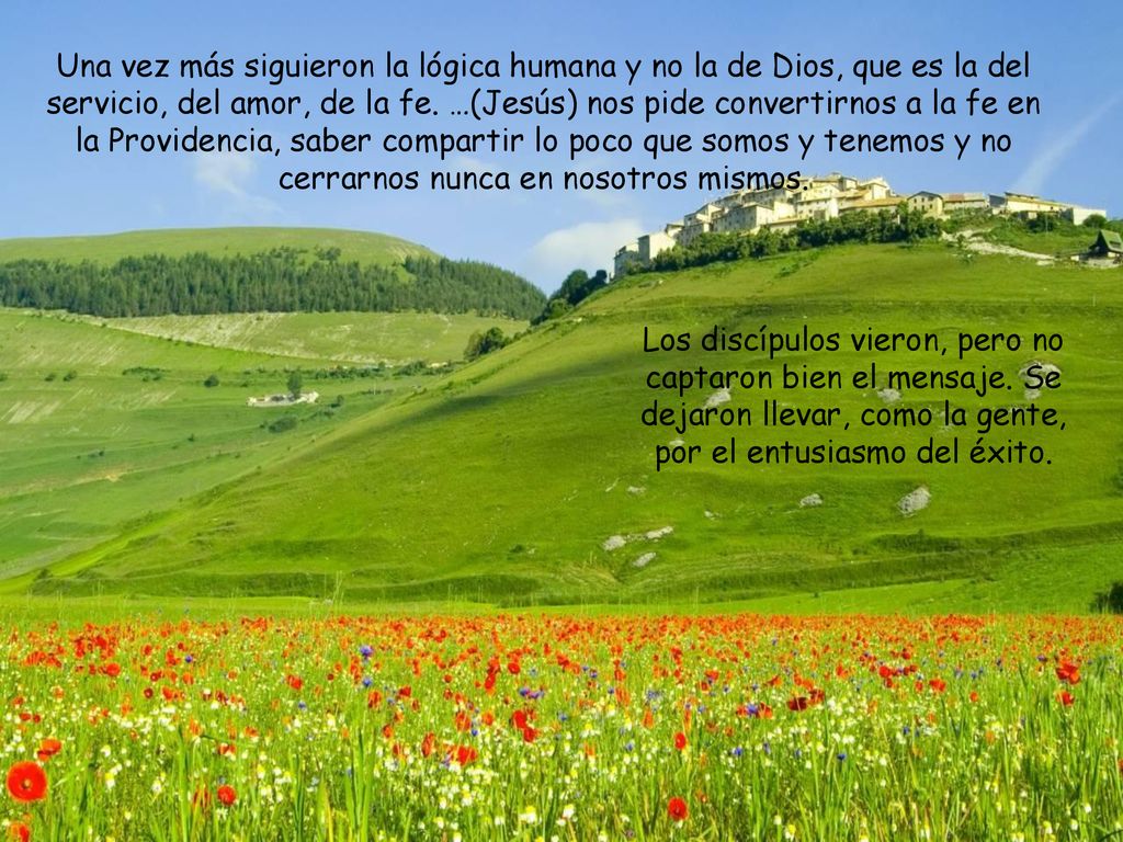 Una vez más siguieron la lógica humana y no la de Dios, que es la del servicio, del amor, de la fe. …(Jesús) nos pide convertirnos a la fe en la Providencia, saber compartir lo poco que somos y tenemos y no cerrarnos nunca en nosotros mismos.