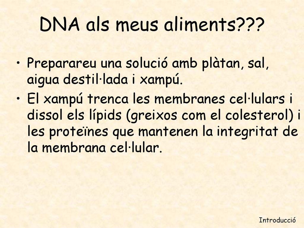 DNA als meus aliments Preparareu una solució amb plàtan, sal, aigua destil·lada i xampú.