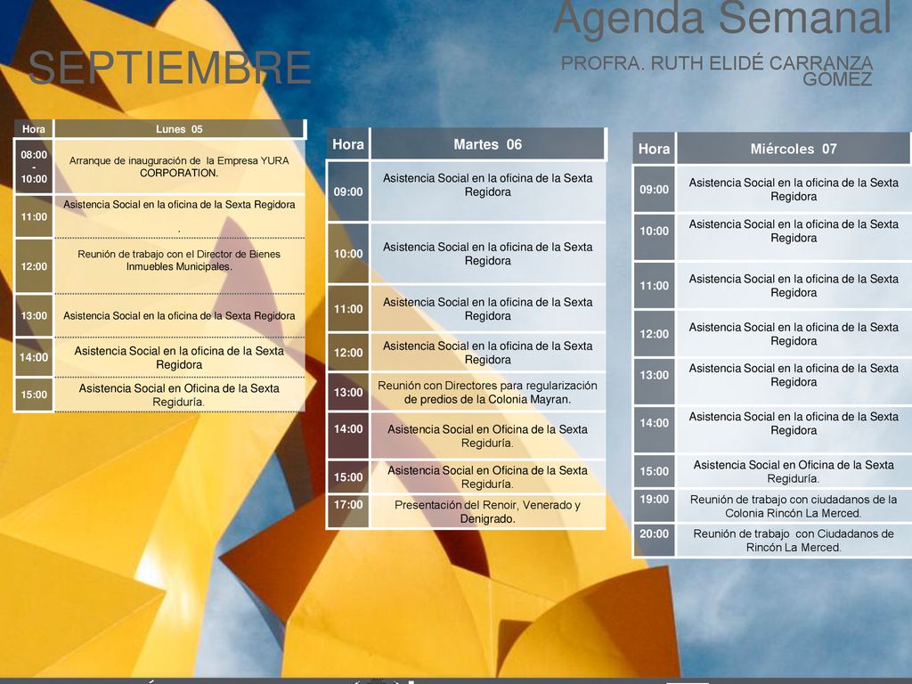 Agenda Semanal SEPTIEMBRE Cabildo Torreón PROFRA. RUTH ELIDÉ CARRANZA