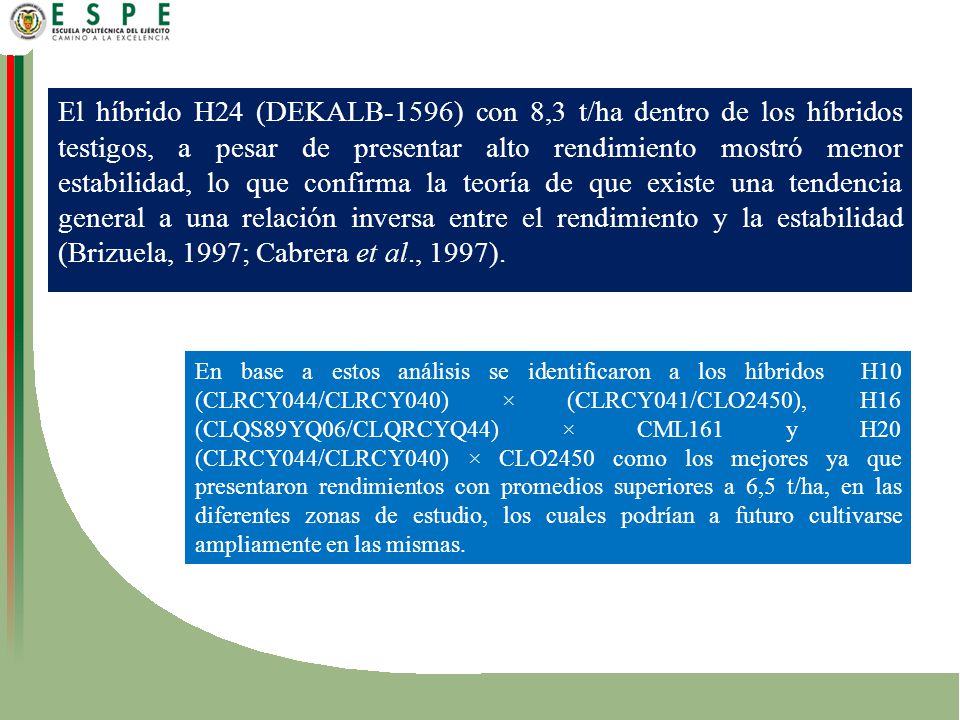 El híbrido H24 (DEKALB-1596) con 8,3 t/ha dentro de los híbridos testigos, a pesar de presentar alto rendimiento mostró menor estabilidad, lo que confirma la teoría de que existe una tendencia general a una relación inversa entre el rendimiento y la estabilidad (Brizuela, 1997; Cabrera et al., 1997).