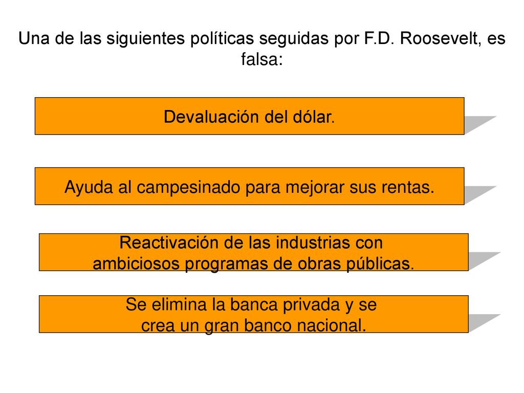 Una de las siguientes políticas seguidas por F.D. Roosevelt, es falsa: