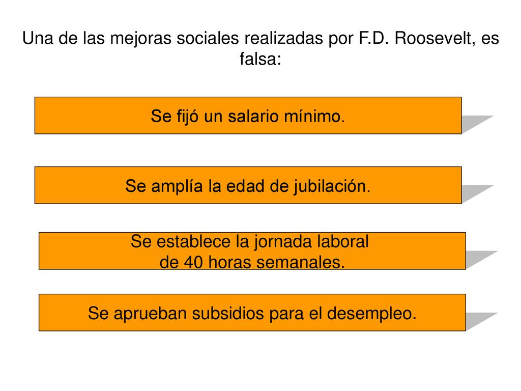 Una de las mejoras sociales realizadas por F.D. Roosevelt, es falsa: