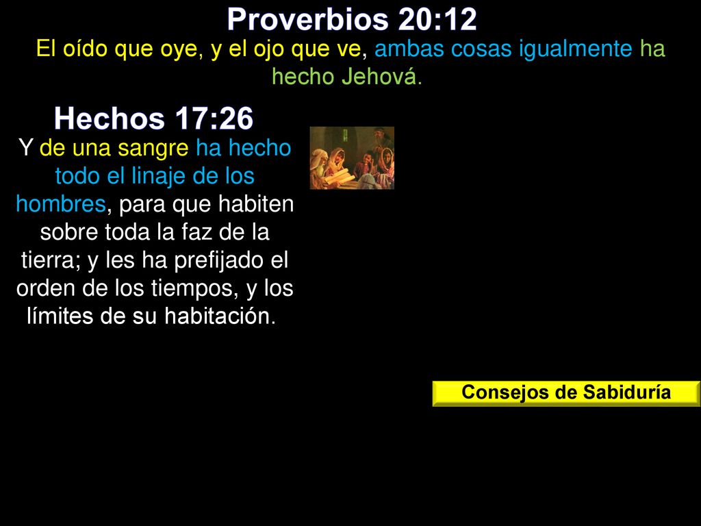 Proverbios 20:12 El oído que oye, y el ojo que ve, ambas cosas igualmente ha hecho Jehová. Hechos 17:26.