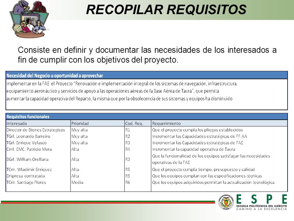 RECOPILAR REQUISITOS Consiste en definir y documentar las necesidades de los interesados a fin de cumplir con los objetivos del proyecto.