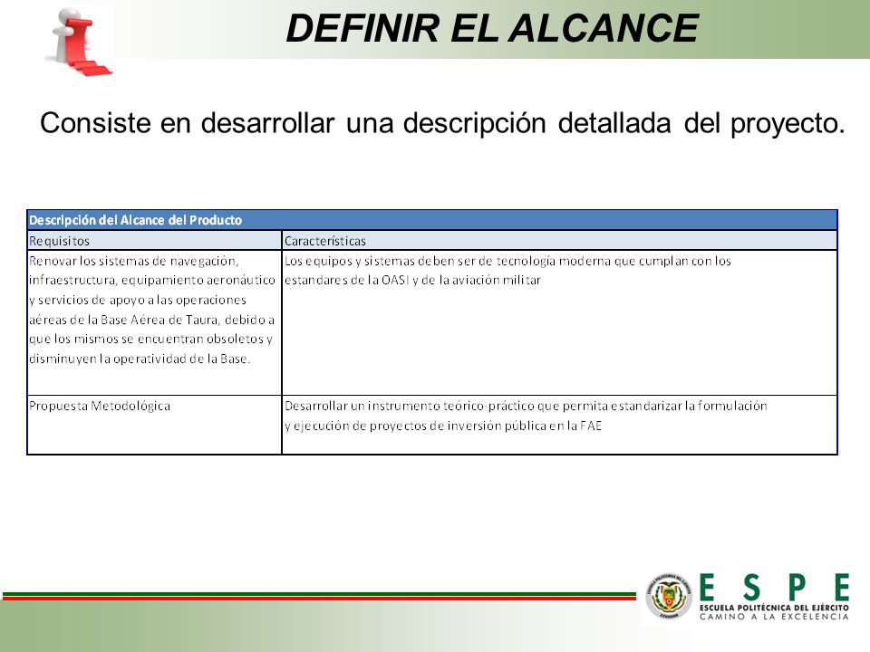 DEFINIR EL ALCANCE Consiste en desarrollar una descripción detallada del proyecto.