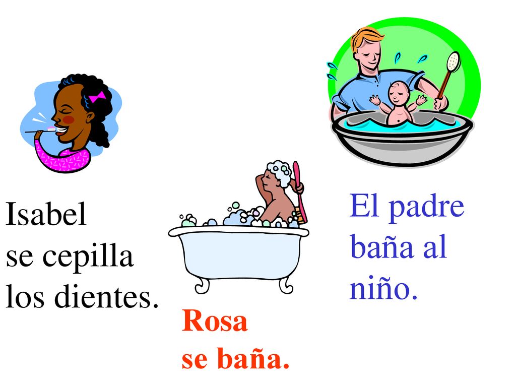 El padre baña al niño. Isabel se cepilla los dientes. Rosa se baña.