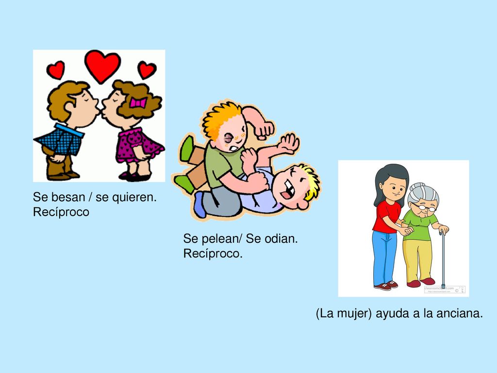 Se besan / se quieren. Recíproco Se pelean/ Se odian. Recíproco. (La mujer) ayuda a la anciana.