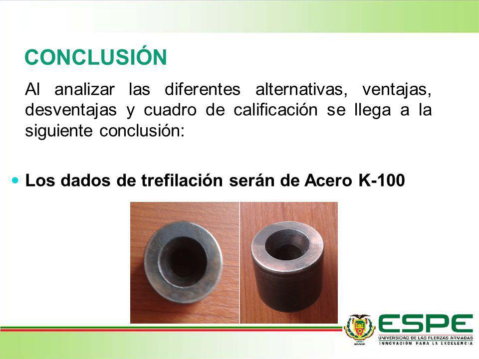 CONCLUSIÓN Al analizar las diferentes alternativas, ventajas, desventajas y cuadro de calificación se llega a la siguiente conclusión: