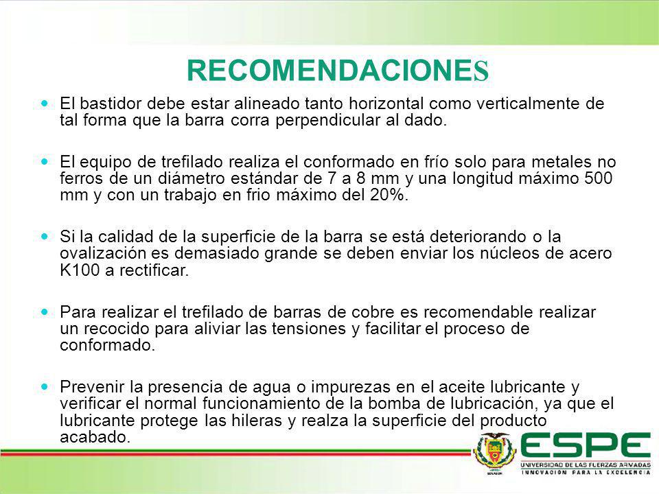 RECOMENDACIONES El bastidor debe estar alineado tanto horizontal como verticalmente de tal forma que la barra corra perpendicular al dado.