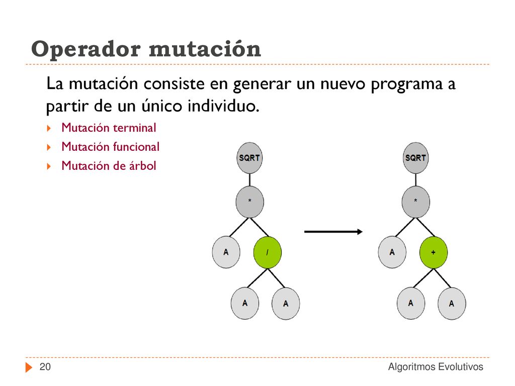 Operador mutación La mutación consiste en generar un nuevo programa a partir de un único individuo.