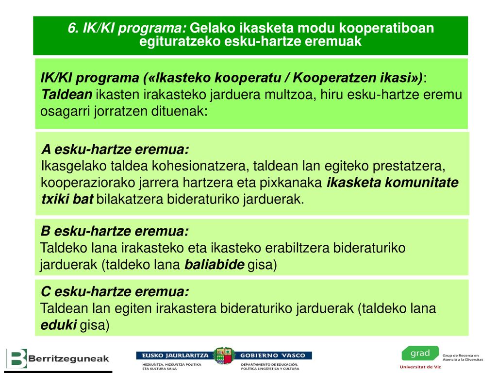 6. IK/KI programa: Gelako ikasketa modu kooperatiboan egituratzeko esku-hartze eremuak