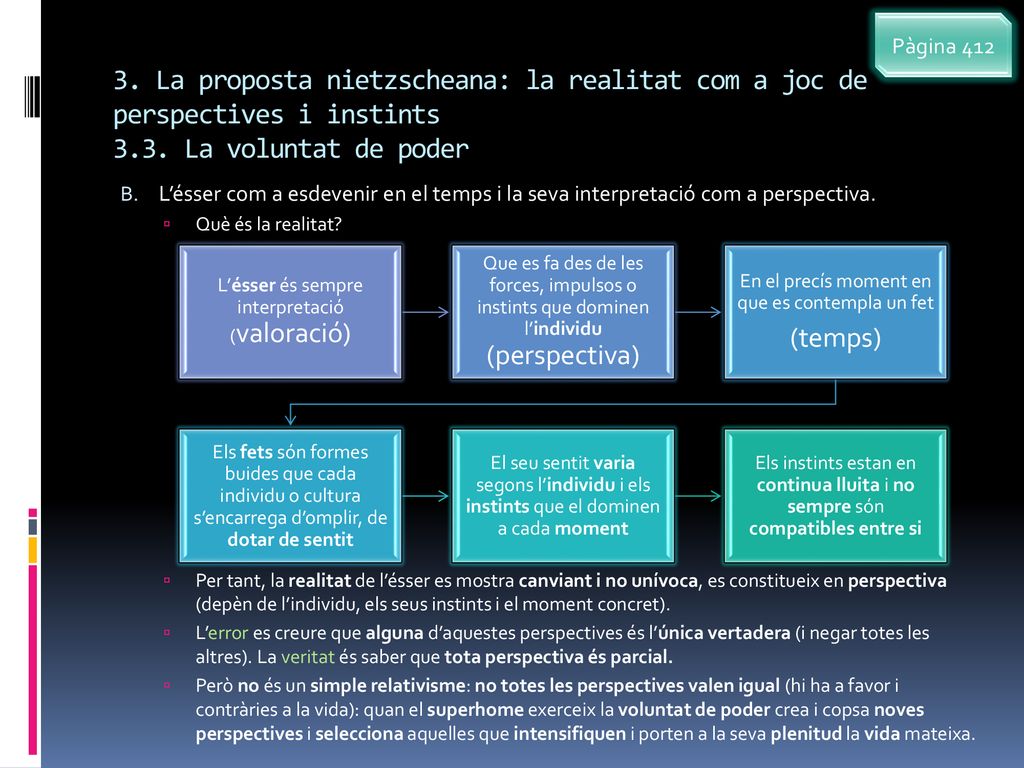 Pàgina La proposta nietzscheana: la realitat com a joc de perspectives i instints 3.3. La voluntat de poder.