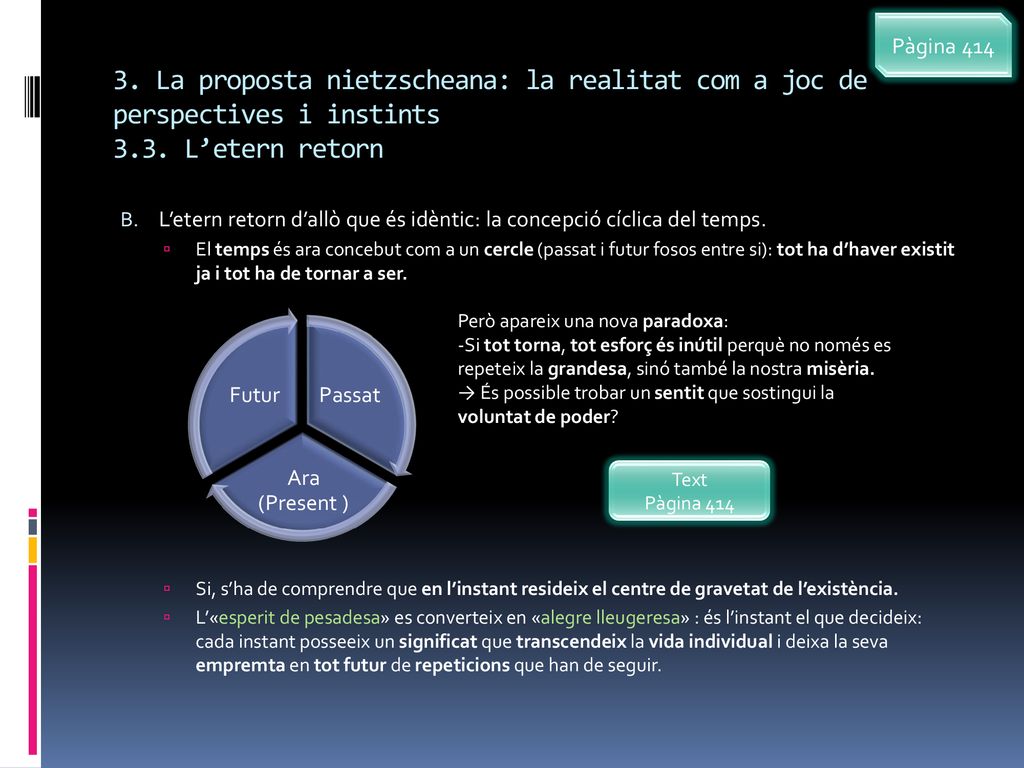Pàgina La proposta nietzscheana: la realitat com a joc de perspectives i instints 3.3. L’etern retorn.