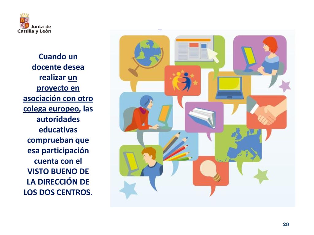 Cuando un docente desea realizar un proyecto en asociación con otro colega europeo, las autoridades educativas comprueban que esa participación cuenta con el VISTO BUENO DE LA DIRECCIÓN DE LOS DOS CENTROS.