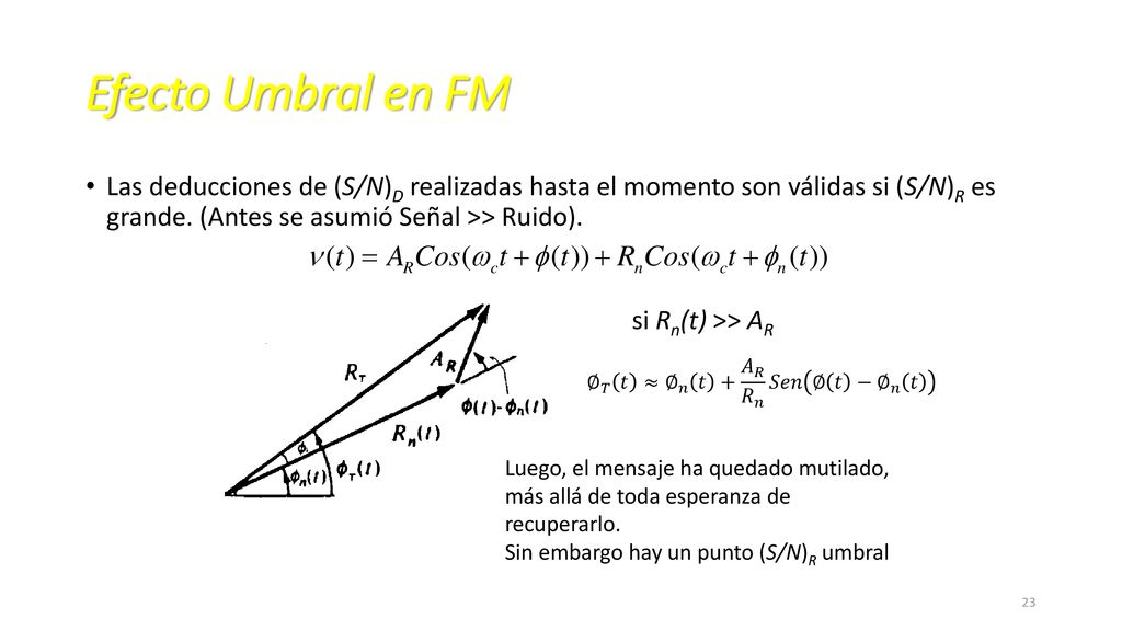Efecto Umbral en FM Las deducciones de (S/N)D realizadas hasta el momento son válidas si (S/N)R es grande. (Antes se asumió Señal >> Ruido).