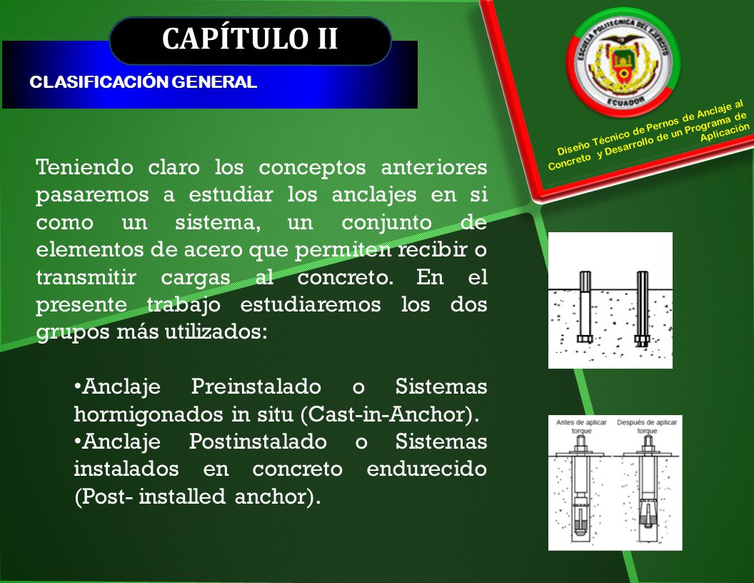 CAPÍTULO II CLASIFICACIÓN GENERAL. Diseño Técnico de Pernos de Anclaje al Concreto y Desarrollo de un Programa de Aplicación.