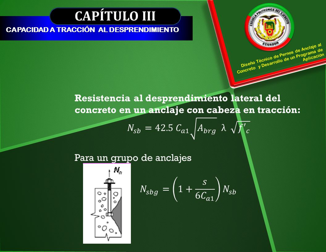 CAPÍTULO III CAPACIDAD A TRACCIÓN AL DESPRENDIMIENTO. Diseño Técnico de Pernos de Anclaje al Concreto y Desarrollo de un Programa de Aplicación.